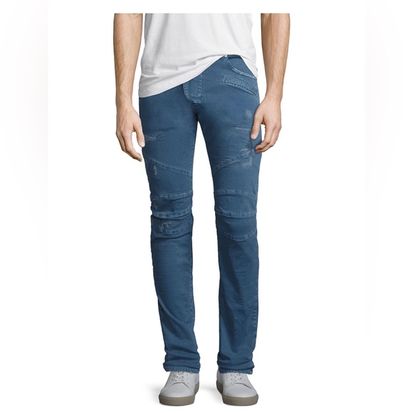 BALMAIN DISTRESSED TWILL MOTO SLIM STRAIGHT BLUE JEANS SIZE 34 is brand new - Picture 1 of 8